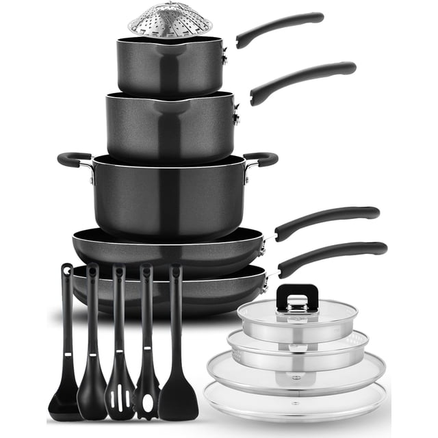 NutriChef 17-Piece Stackable Cookware Set \u2013 Nonstick Pots & Pans, Induction Safe, Space-Saving Design with Foldable Knobs, Steamer Basket & Nylon Cooking Tools