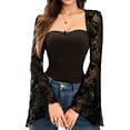 thumbnail image 2 of Aueoeo Women's Lace Patchwork Shirts Crewneck Going Out Lace Long Sleeve Tops Slim Fited Trendy Clubwear, 2 of 6
