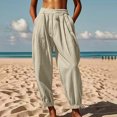 thumbnail image 2 of DHFJKG Harem Linen Pants Women Lightweight Loose Fit Elastic Waist Solid Color Ankle-Tied Beach Pants With Pockets Trendy Trousers, 2 of 9