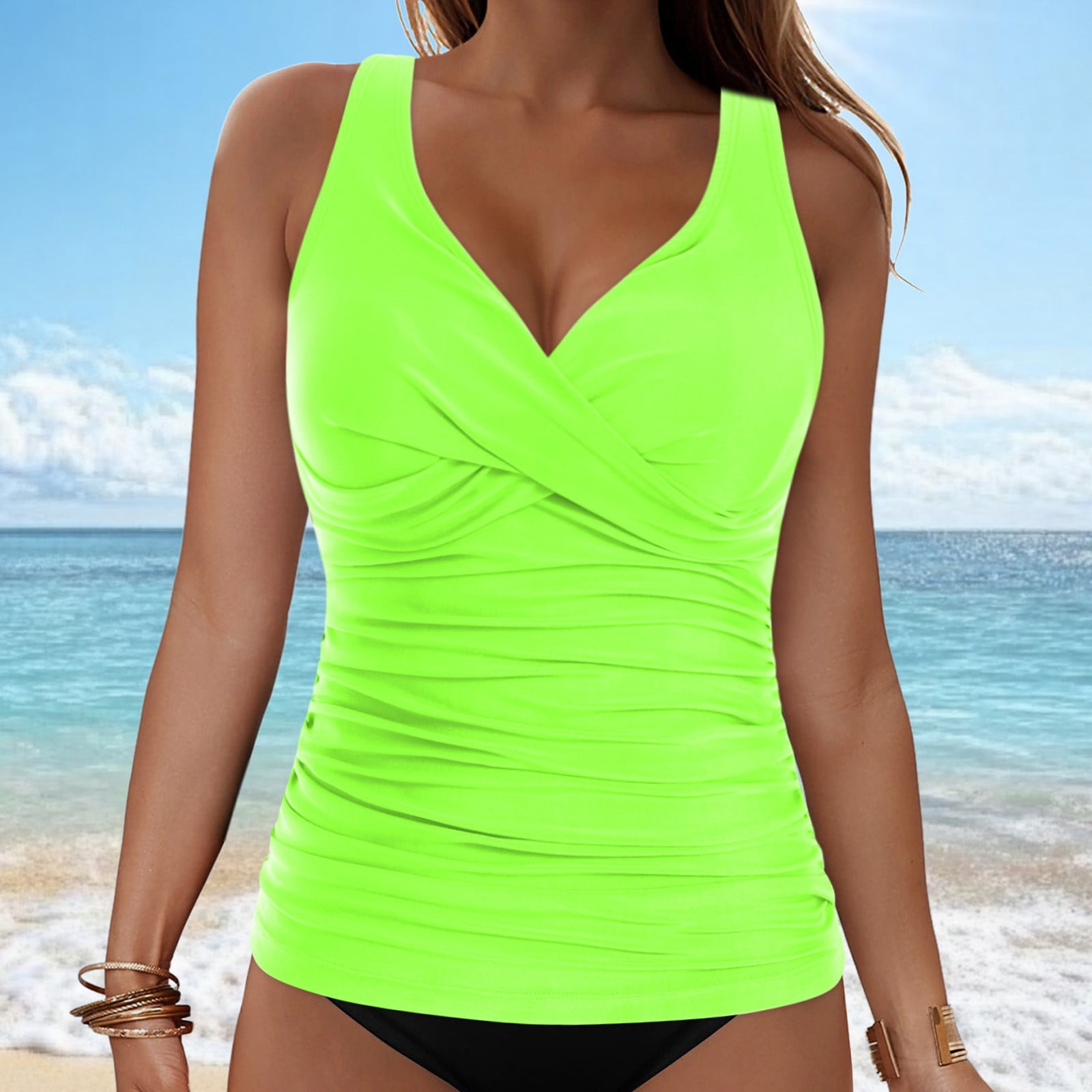 vigerkar Tankini Tops for Women Tummy Control No Underwire Bathing Suits Twist Swimwear Push Up Tops Only Green, XL