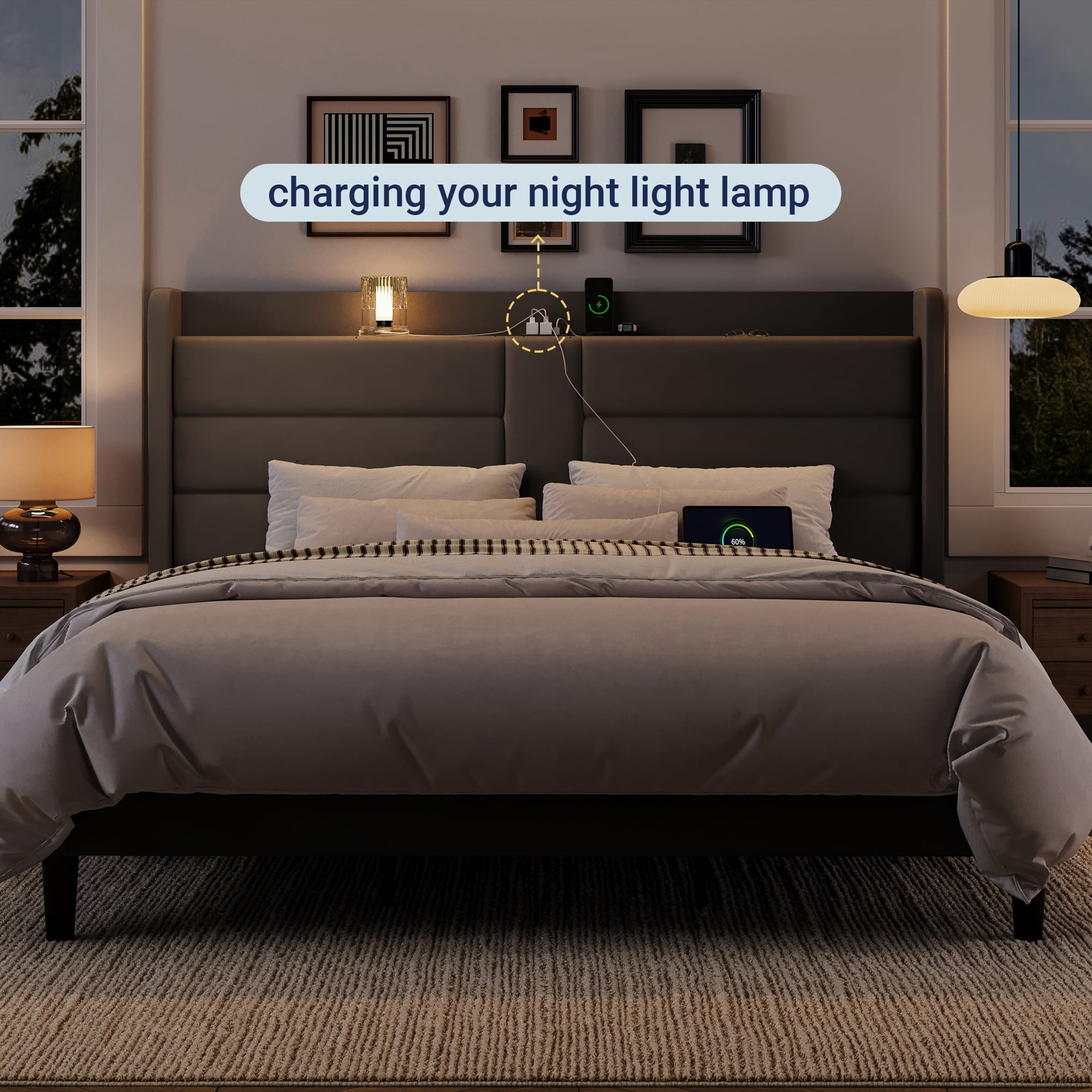 Allewie King Size Bed Frame with Charging Station, Upholstered Velvet Wingback Design & USB Port, No Box Spring Needed, Gray