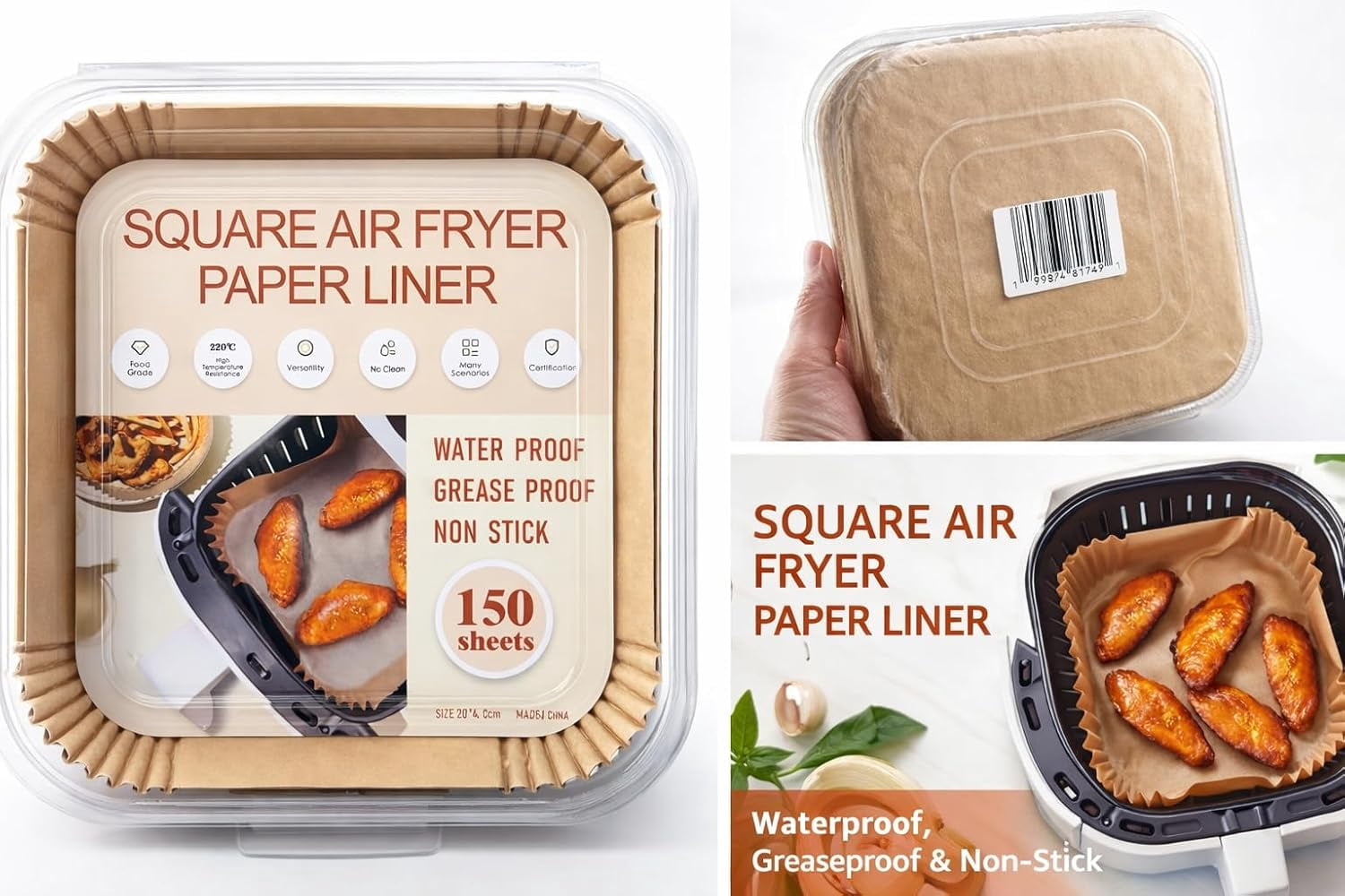 JJEAN-8 Inch Square Air Fryer Paper Liners – 150 PCS Disposable Parchment Liners, Non-Stick, Greaseproof & Waterproof, Heat Resistant Air Fryer Basket Liners for Baking, Roasting & Cooking – No Clean