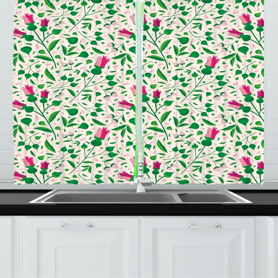 Floral Kitchen Curtains, Abstract Spring Nature Theme Exotic Wild Figwort Plants Leaves Petals, Two Panels Drapes with Rod Pocket Room Decor, 55" X 45", Blush Fern Green Magenta, by Ambesonne