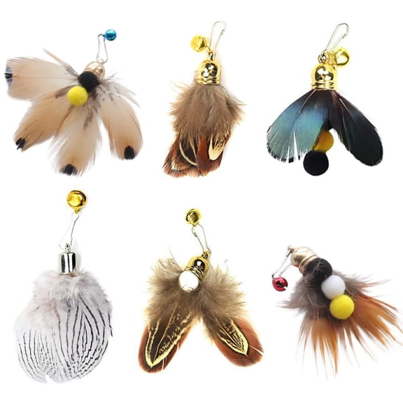 6pcs Cat Insect Feather Toys Replacement Cat Wand Toy Refills, Natural Insect Cat Toy Feathers Refill, Interactive Cat Teaser Wand Attachments, with Bell