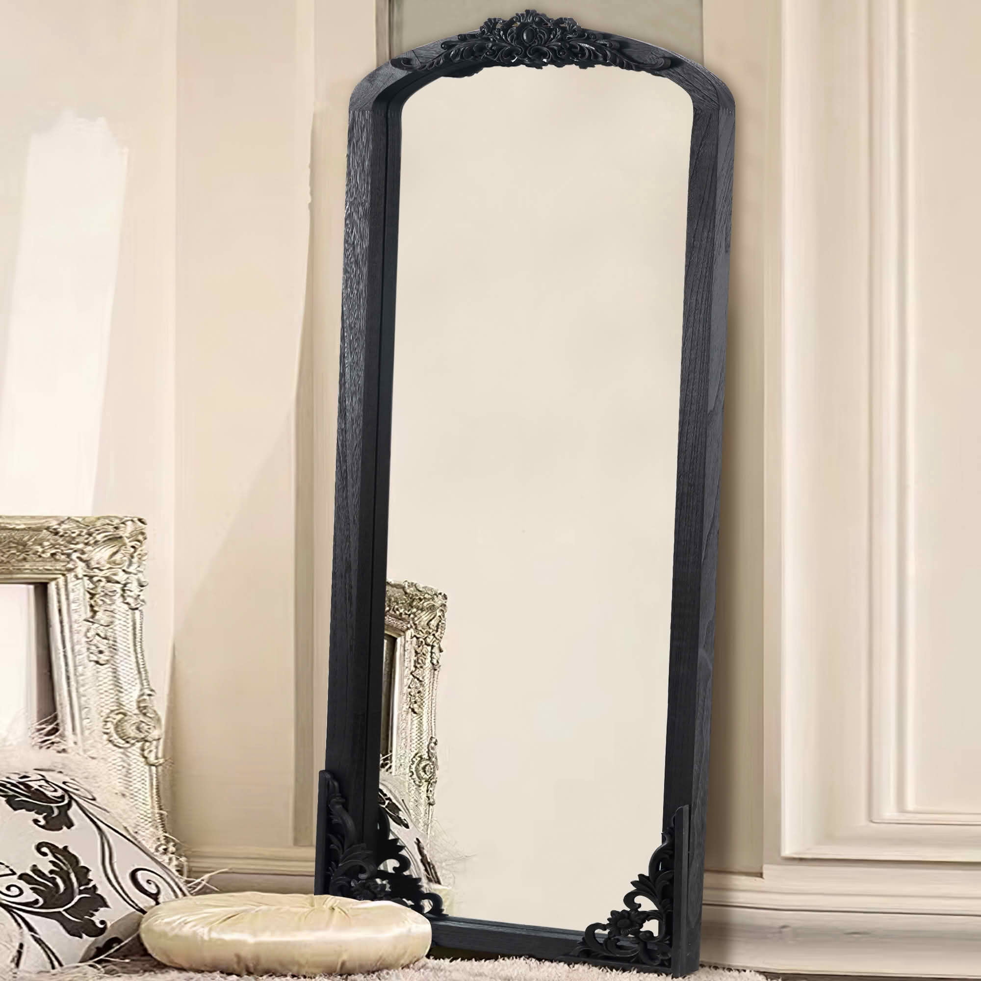 MAYEERTY 67x28x1 Inch Black Carved Wood Right Angle Slightly Arched Full Length Mirror, No Stand for Bedroom
