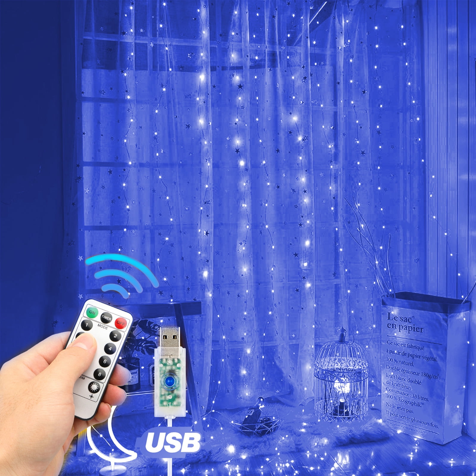 LED Window Curtain Icicle Lights with Remote & Timer 300-LED Fairy Twinkle String Lights with 8 Modes Fits for Bedroom Wedding Party Backdrop Outdoor Indoor Wall Decoration 10 Ft Warm White
