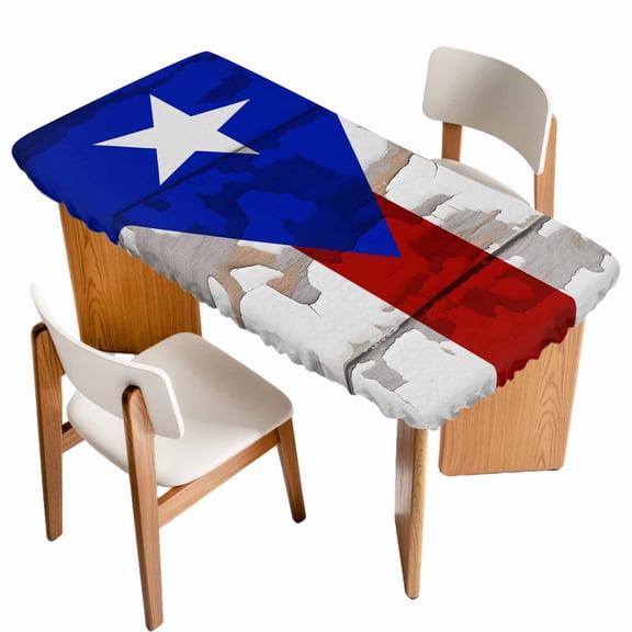 Puerto Rican Flag Table Cloths for 3 Foot Rectangle Tables, Vintage Geometric Art Wooden Patio Waterproof Elastic Fitted Tablecloths, Washable Rectangular Table Cover for Camping