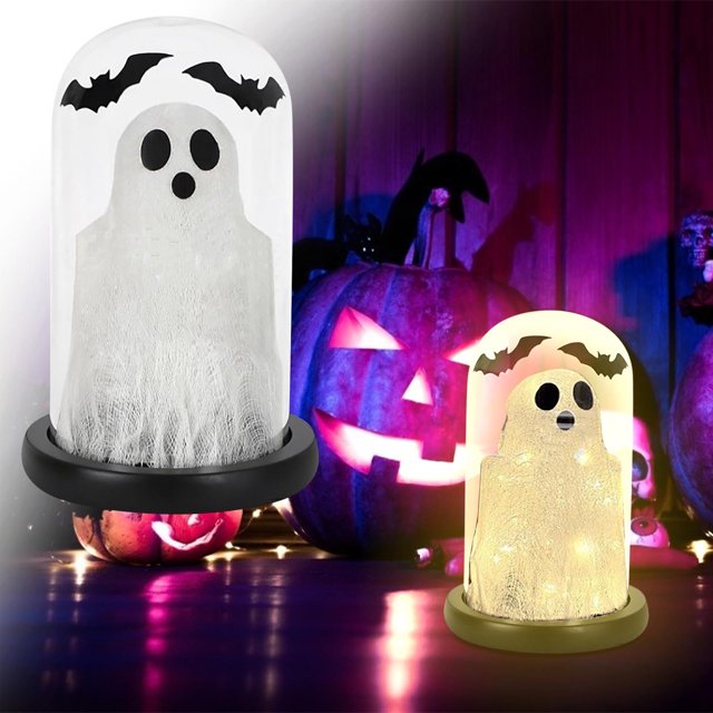 Decoración interior de Halloween | Fantasmas iluminados en cloche de cristal | Figuras fantasmales iluminadas adorables | Iluminación de Acento Espeluznante | Decoración festiva del hogar