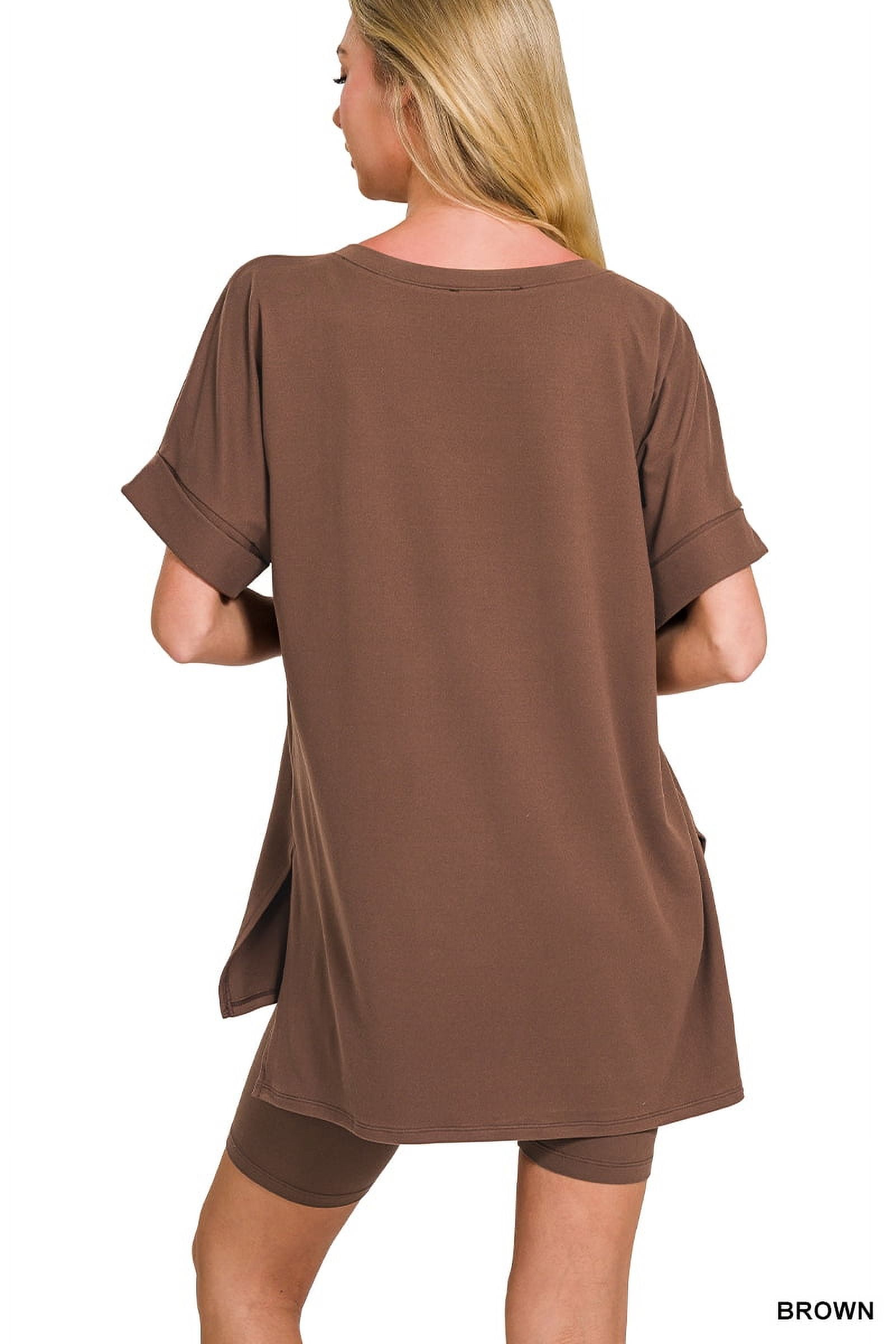 Zenana Plus Size Brushed DTY Microfier V-Neck Short Sleeve Hi-Low Hem & Biker Short Loungewear Set