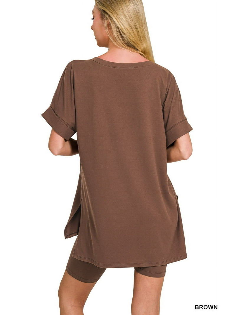 Zenana Women's Brushed DTY Microfier V-Neck Short Sleeve Hi-Low