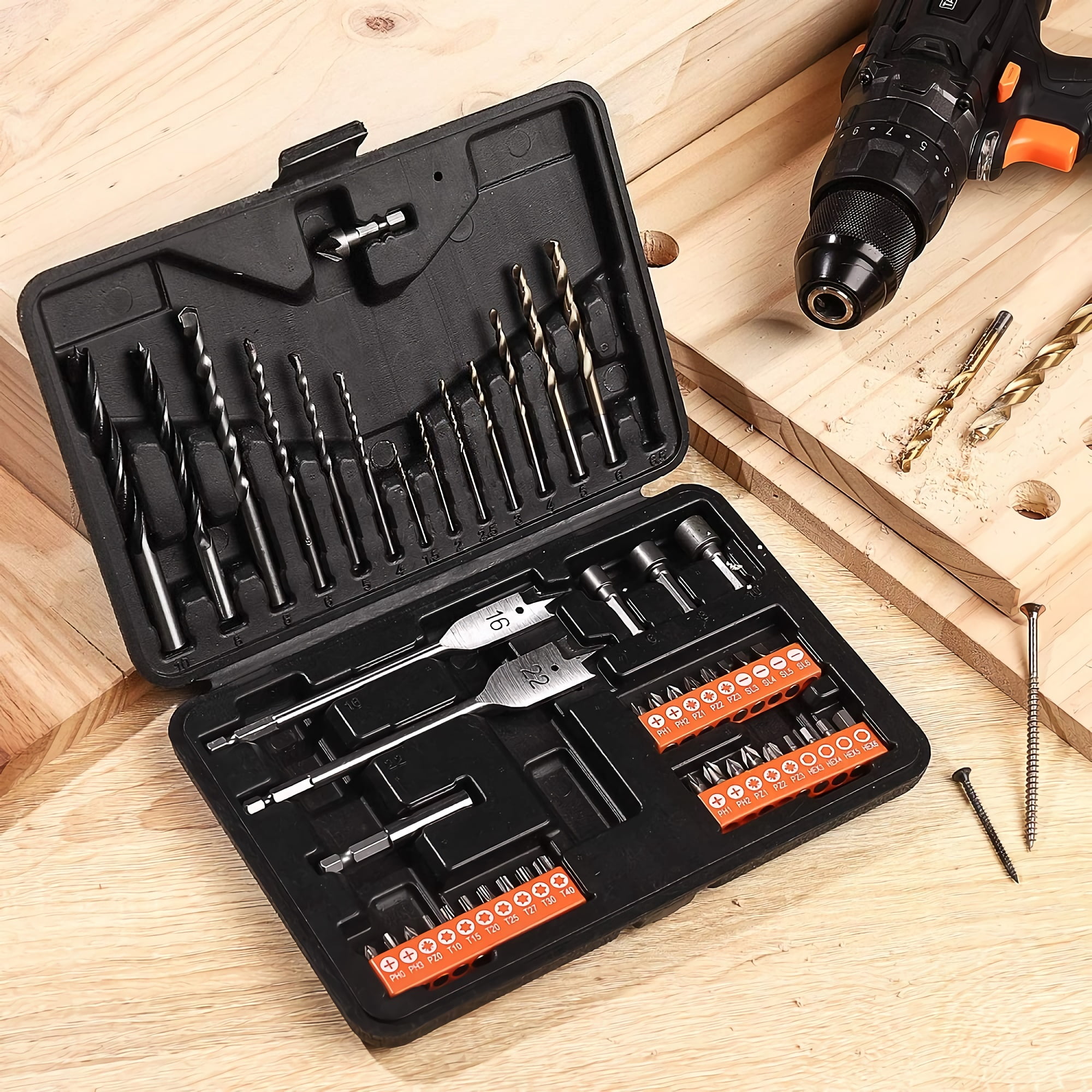 Drill Bit Set, 49 pcs Drilling and Driving Kit, Titanium, Masonry and Spade Drill Bits Set, Screwdriver and Nut Driver bits for Metal, Wood, Masonry, Plastic