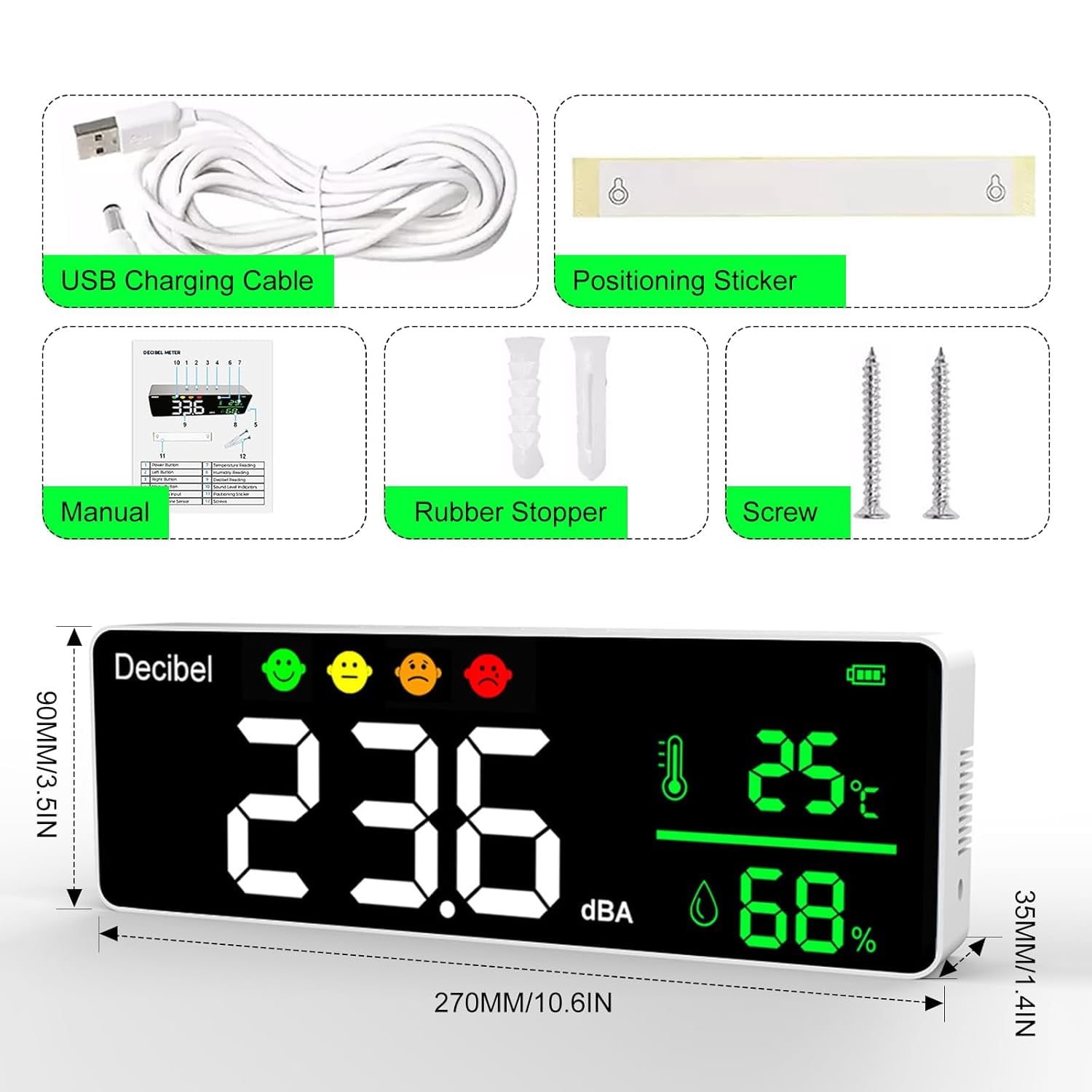 CATPAN 3-in-1 Decibel Meter Wall Hanging Sound Level Meter,11 Inch Classroom Noise Meter 30-130dB Range LED Display Noise Temperature Humidity Meter with Alarm Icons Indicator for Home,Studio,Factory