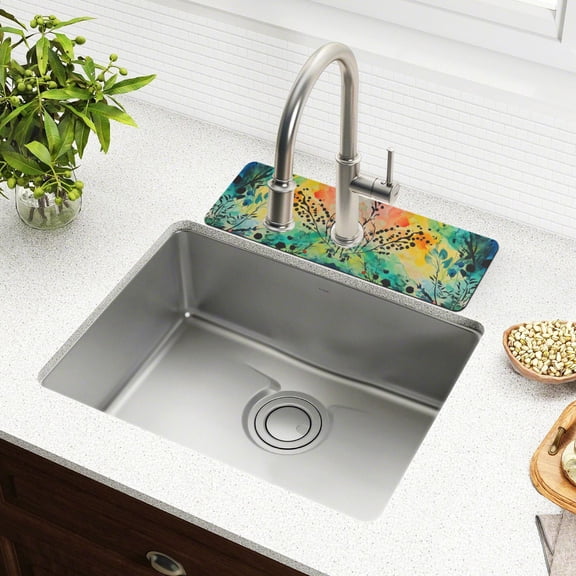Yayeee Faucet Mat for Kitchen Sink 14.7" Diatomite Long Splash Guard Pad, Colorful Plants