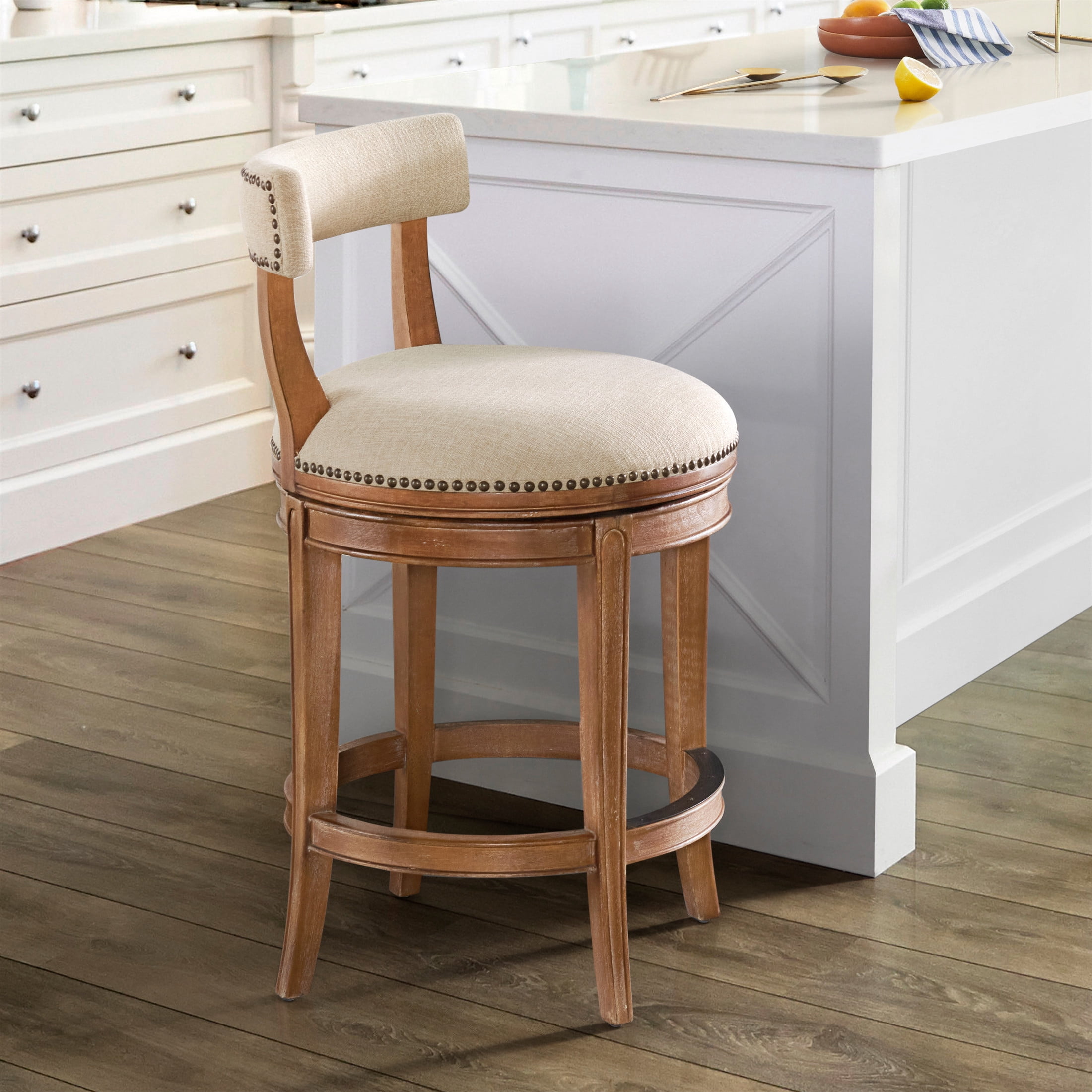 Alaterre Furniture Hanover Swivel Low Back Counter Height Bar Wood Stool, Weathered Brown and Beige