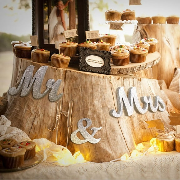 GOOHOCHY Silver Mr and Mrs Wooden Sign for Wedding Decorations and Table Centerpiece 12.5x5.5 inches