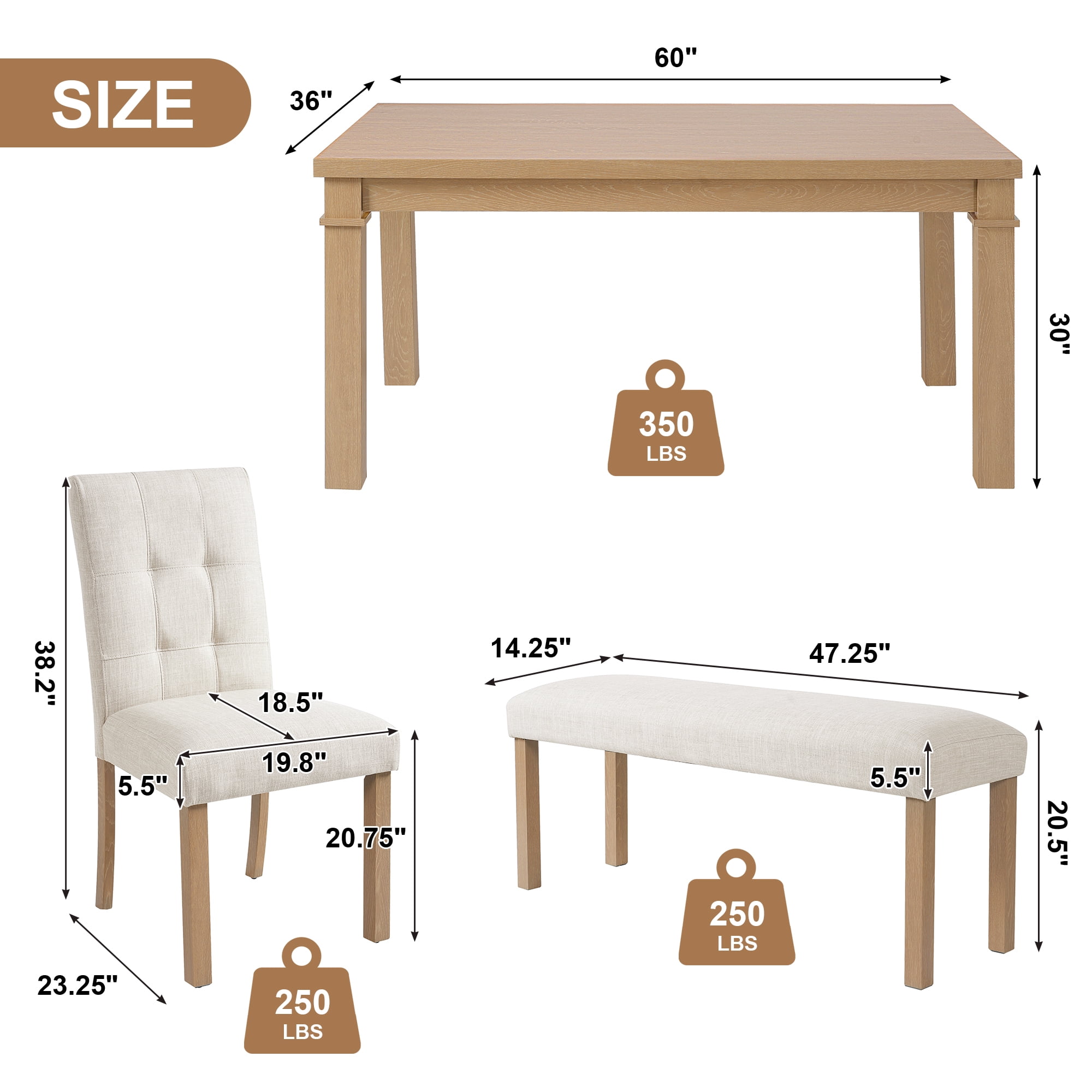 Euroco 6-Piece Wood Dining Table Set for 6, Modern Rectangular Kitchen Table Set with 4 Upholstered Chairs & Bench for Kitchen Dining Room,Natural