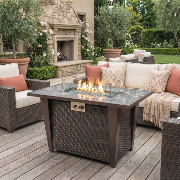 MMGW 42" Square Steel Propane Fire Pit, 60,000 BTU, Glass Wind Guard, Gray