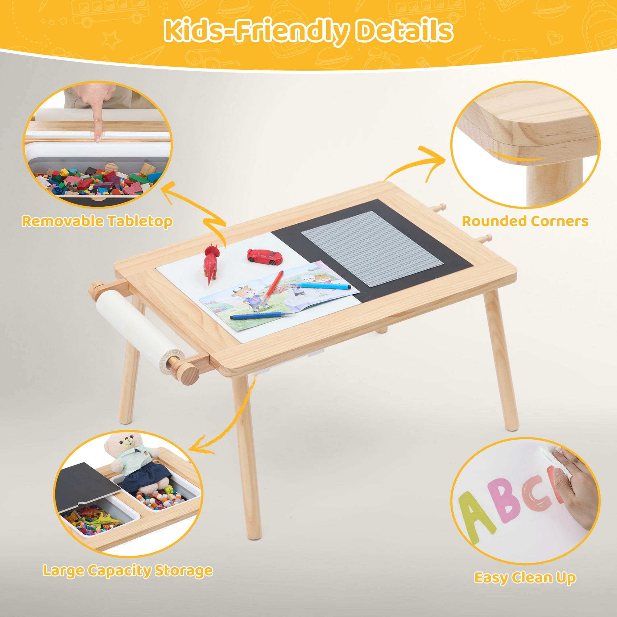 Sensory Table for Toddlers, Multi-Activity Table and Chair Set with Double-Side Graffiti Desktop, Kids Table with 2 Storage Bins & Roller Holder, Sand & Water Table with Building Block Base