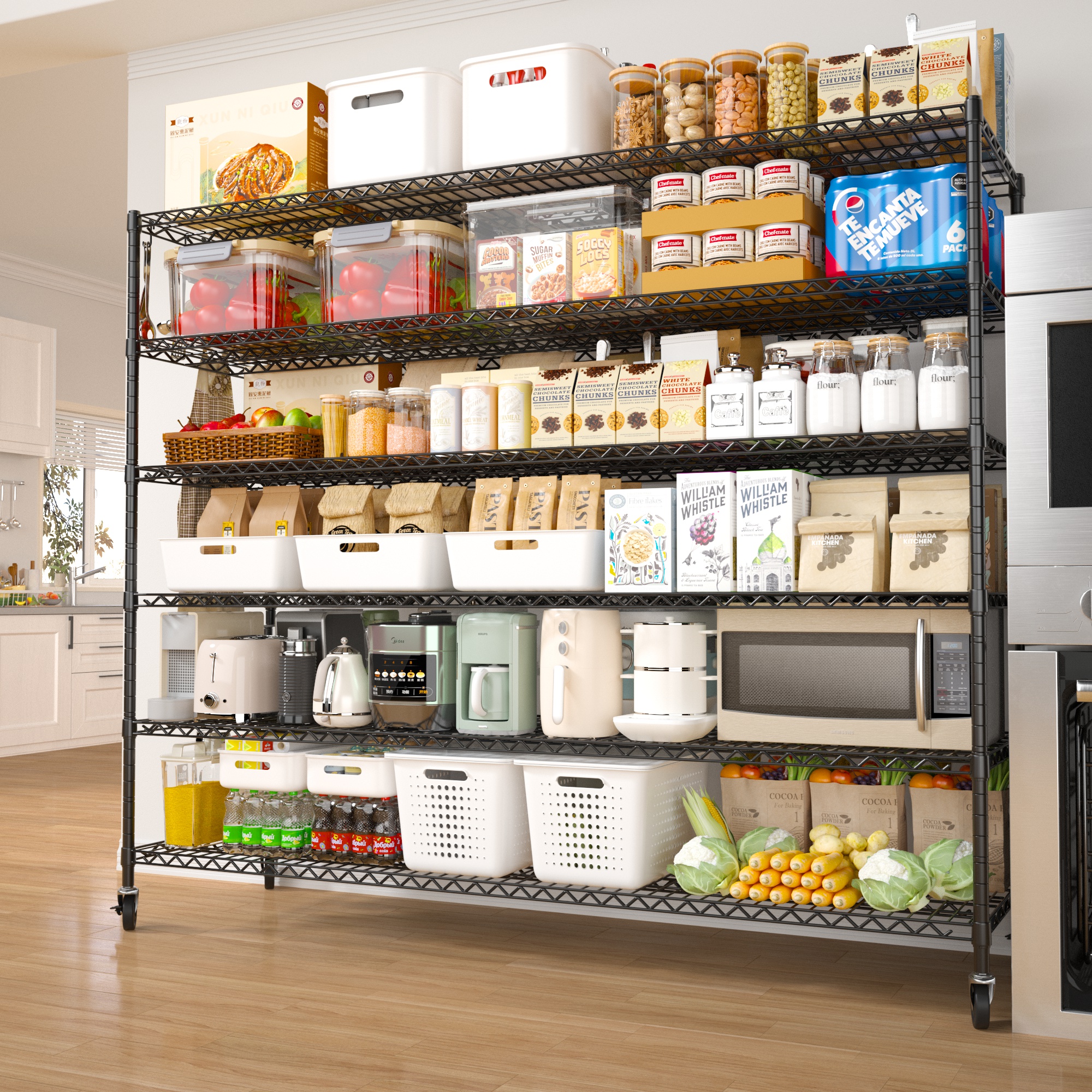 Prilinex 55.5“W Storage Shelves, 6-Tier Wire Shelving Adjustable Storage Rack, Heavy Duty Garage Shelving, Metal Shelving for Pantry Kitchen Steel Shelving, 55.5”W X 24''D X 76"H, Black