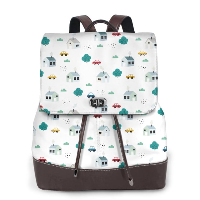 Easygdp Cartoon House Car Mochila de Cuero para Mujeres, Bolso de Hombro, Bolsos de Mano de Moda para Trabajo y Viajes