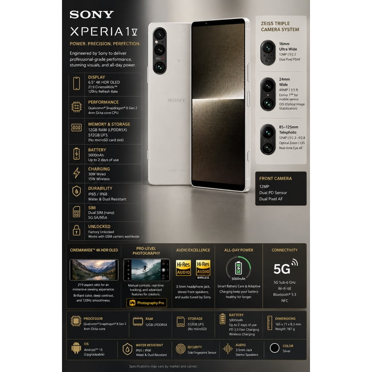 Sony Xperia 1 V 5G Cell Phone, Dual SIM, 512GB ROM, 12GB RAM