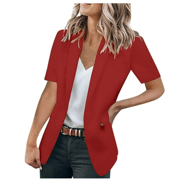 SMihono Women's Fashion Blazer Elegant Suit Jacket Flash Picks Trendy Work Lapel Collar Office Jacket Buttons Open Front Pocket Short Sleeve Womens Suit Slim Solid Business Red 4