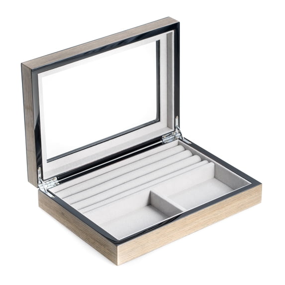 Lacquered "Silver Walnut" Wood Valet Box with Glass Top, Slots for Cufflinks and Magnetic Closure