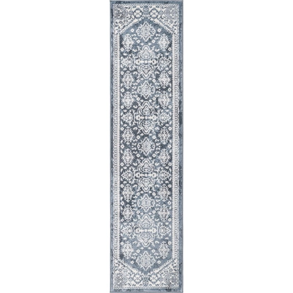 2' x 8' Blue and Ivory Border Rectangular Rug Runner