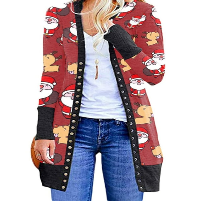 Cardigan de Noël à Manches Longues pour Femmes, Vêtements de Vacances Mi-Longs