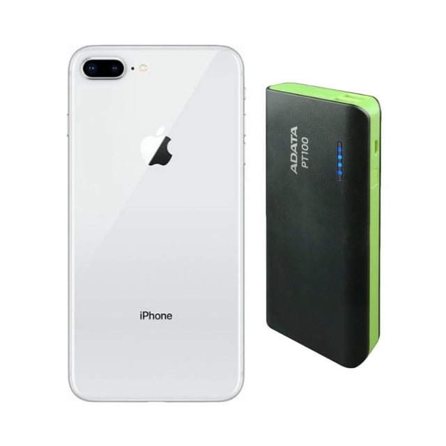 smartphone iphone 8 plus reacondicionado 64gb plata + power bank 10,000mah Reacondicionado iPhone 8 Plus plateado 64GB visto de espalda junto a un power bank negro con laterales verdes; doble cámara trasera 12MP, lector de huella, acabado de vidrio y logo Apple visibles, power bank rectangular con cuatro indicadores LED de carga, suele usarse también como equipo secundario para viajes.