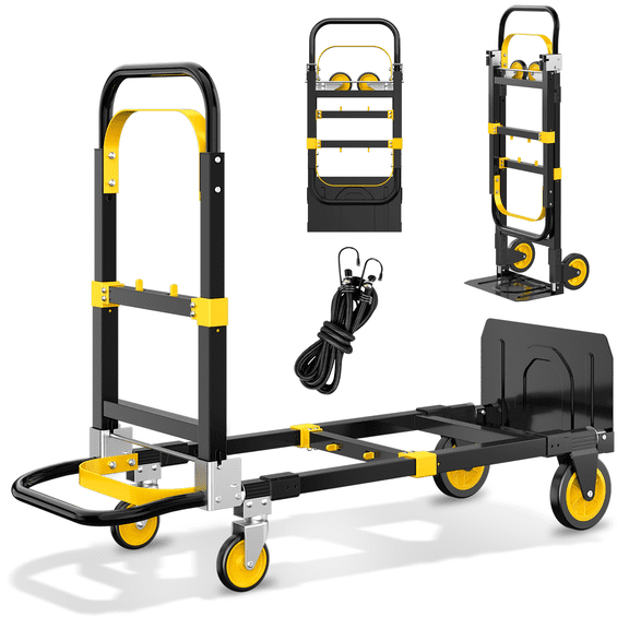 Gewna 2 in 1 Folding Hand Truck with Retractable Handle and 4 Rubber Wheels, Heavy Duty Dolly Cart 600lbs Load Capacity for Moving,Travel,Office Use