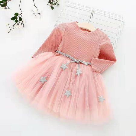 

NAISIBABY Girls Casual Tutu Dress Long Sleeve Cute Lace Crew Neck Midi Dress with Star Belt Pink 6-7T