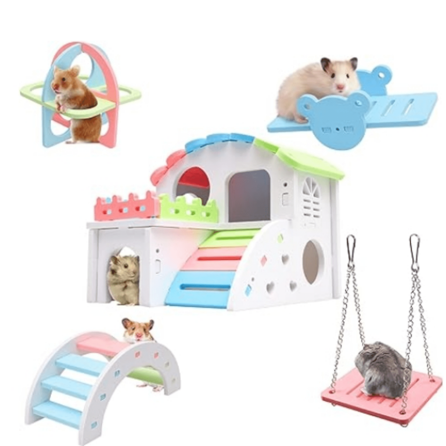 Hamster Toys Set, Improved Version 8.7 IN Large Hamster House, Wooden Gerbil Hideout, Small Animals Seesaw, Guinea Pig Sport Exercise Toys, Rainbow Bridge, Swing, Dwarf Hamster Cage Accessories