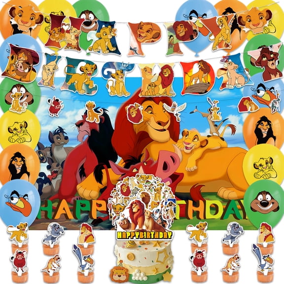 89 Pcs Lion King Party Decorations, Cartoon Lion King Birthday Party Supplies Include Happy Birthday Banner, Backdrop, Balloons, Cupcake Cake Toppers, Stickers for Kids Girls Boys Party Favors