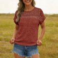thumbnail image 2 of Juslio Womens Crew Neck Patchwork Lace Tops Openwork Loose Plus Size Red Short Sleeve Shirts, 2 of 9