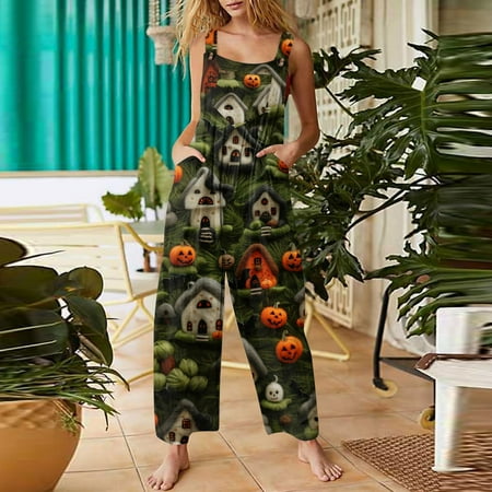 

Bfantian Womens Casual Overalls Jumpsuits Adjustable Straps Sleeveless Cute 3D Halloween Prints Comfy Rompers With Pocket Clearance Disfraz de Noche de Brujas
