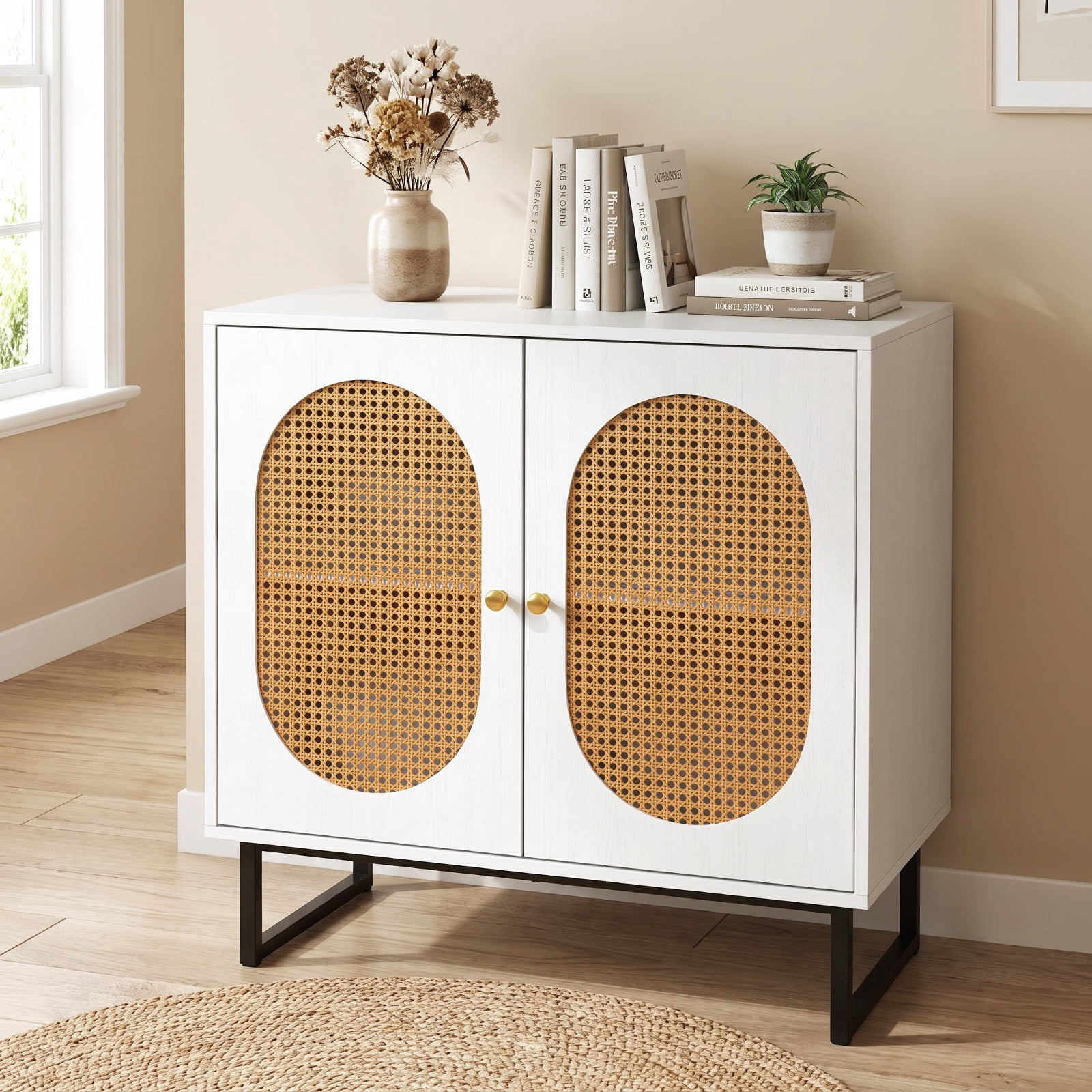 Furnibear Buffet Cabinet Rattan Storage Cabinet with 2 Doors and Adjustable Shelf for Kitchen Dining Living Room Buffet Storage Server, White