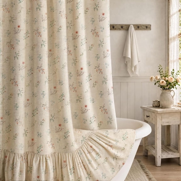 Floral Boho Farmhouse Shower Curtain with Ruffle Hem for Bathroom | Vintage French Country Style, Rustic Natural Linen Blend Fabric, 72" x 72"