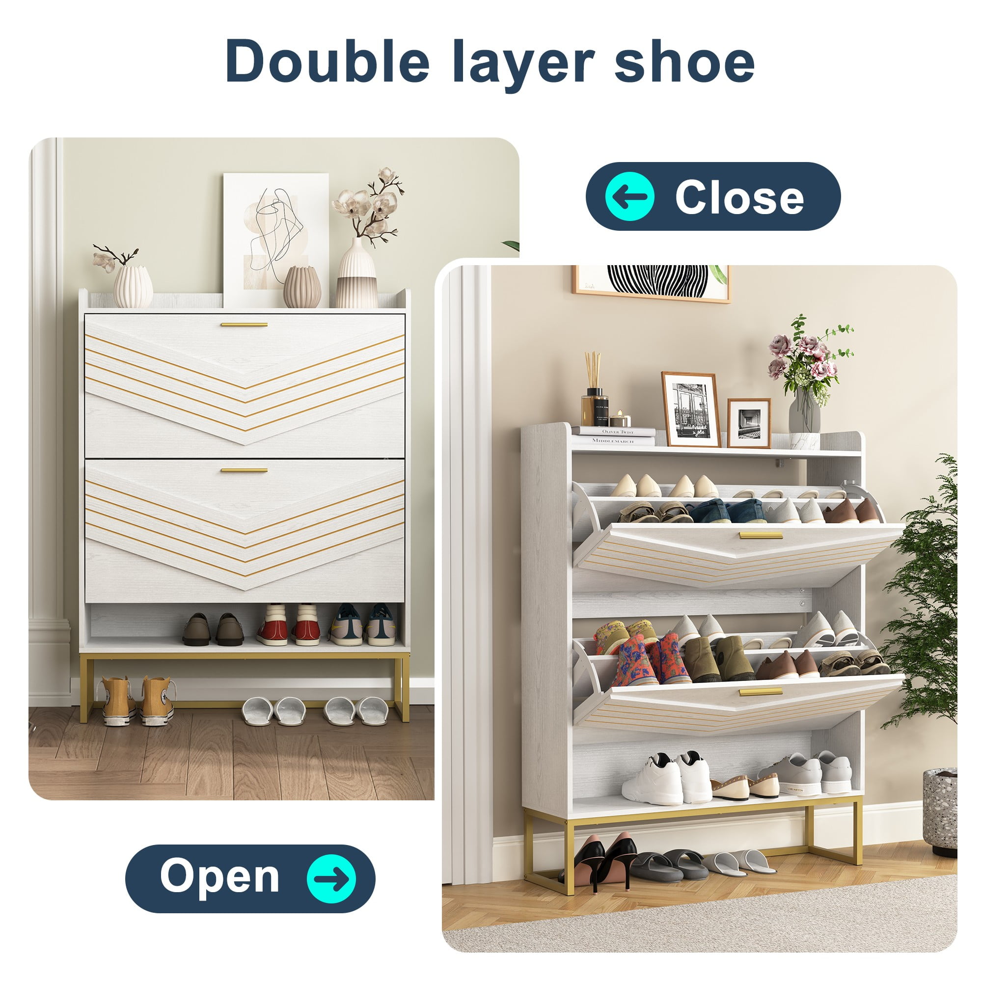 Finihen Shoe Storage Cabinet with 2 Flip Drawers for Entryway, Freestanding Storage Racks Hidden Narrow Shoe Organizers with Metal Legs, White Finihen Shoe Storage Cabinet with 2 Flip Drawers for Entryway, Freestanding Storage Racks Hidden Narrow Shoe Organizers with Metal Legs, White