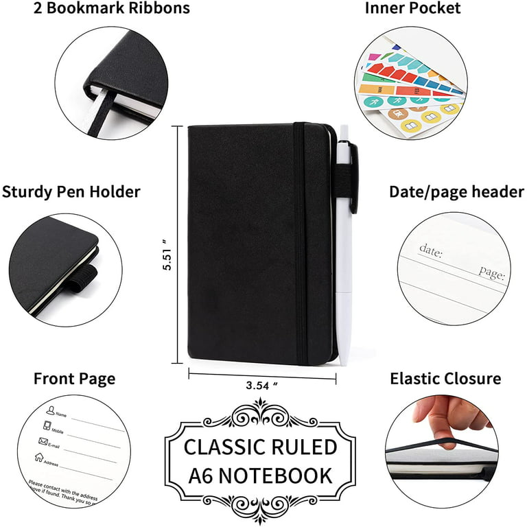 3 Pack Pocket Notebook Journals with 3 Black Pens, Feela A6 Mini Cute Small  Journal Notebook Bulk Hardcover College Ruled Notepad with Pen Holder,  3.5x 5.5, Black 