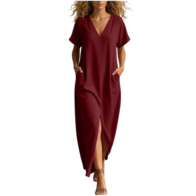 modest casual dresses for women Odbmxy Tent Womens Maxi Dress Summer Short Sleeve Cotton Shift Casual Modest Dress Women V Ophelia Wine Long Sleeve Modest