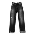thumbnail image 5 of Women's Irregular Waistband Denim Jeans, Elastic Stretch Retro Streetwear Straight Leg Pants, Casual Distressed Jeans for Women, Unisex Baggy Trousers Black L, 5 of 5
