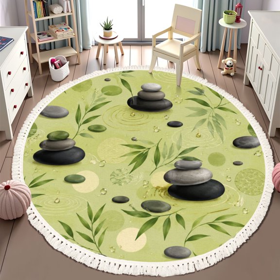 Washable Non Slip 6ft Round Rug, Stacked Zen Stones Calm Water Green Nature Circle Area Rugs with Tassels Carpet for Nursery Bedroom Living Room Playroom Tent Rug