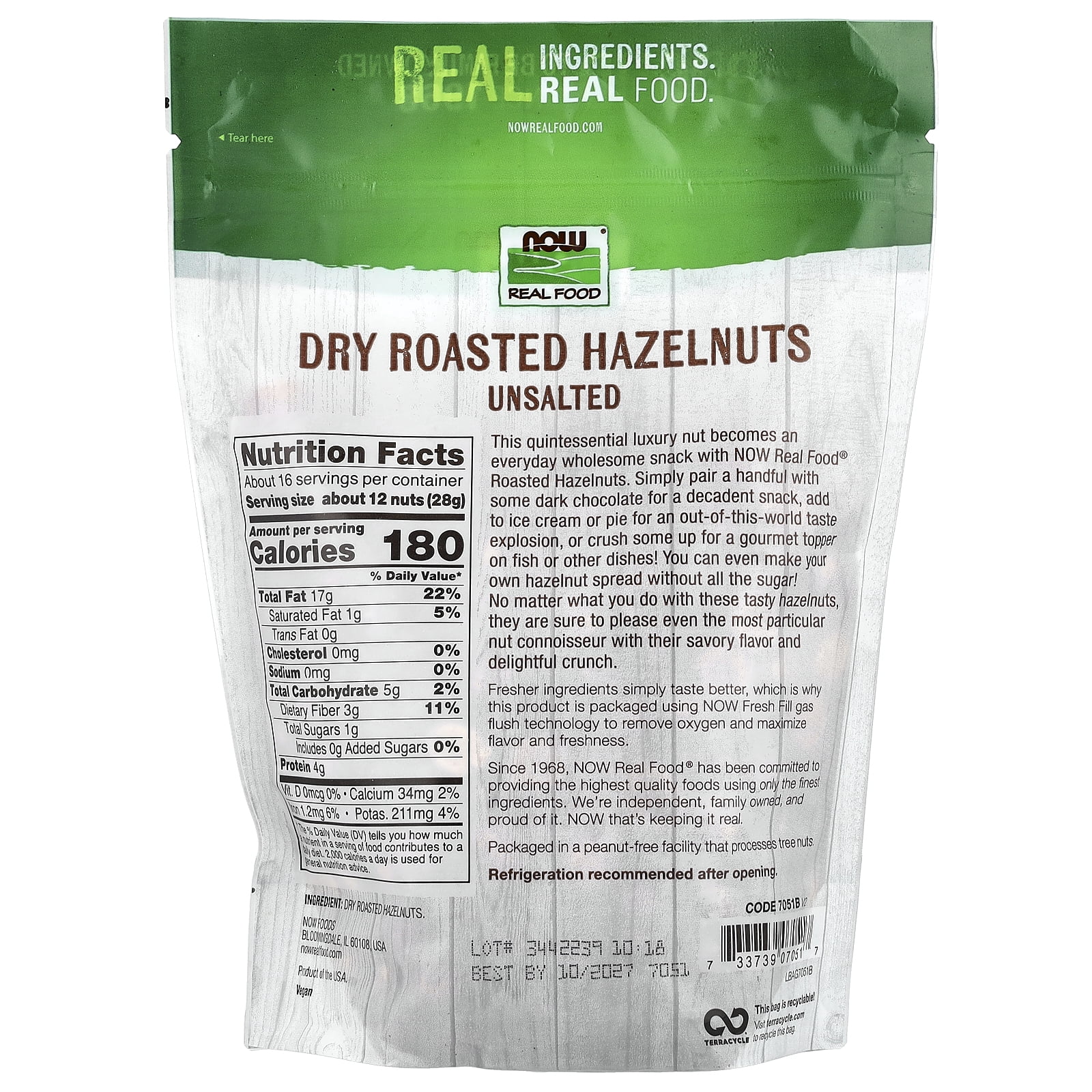 Now Foods Dry Roasted & Unsalted Hazelnuts 16 oz Bag