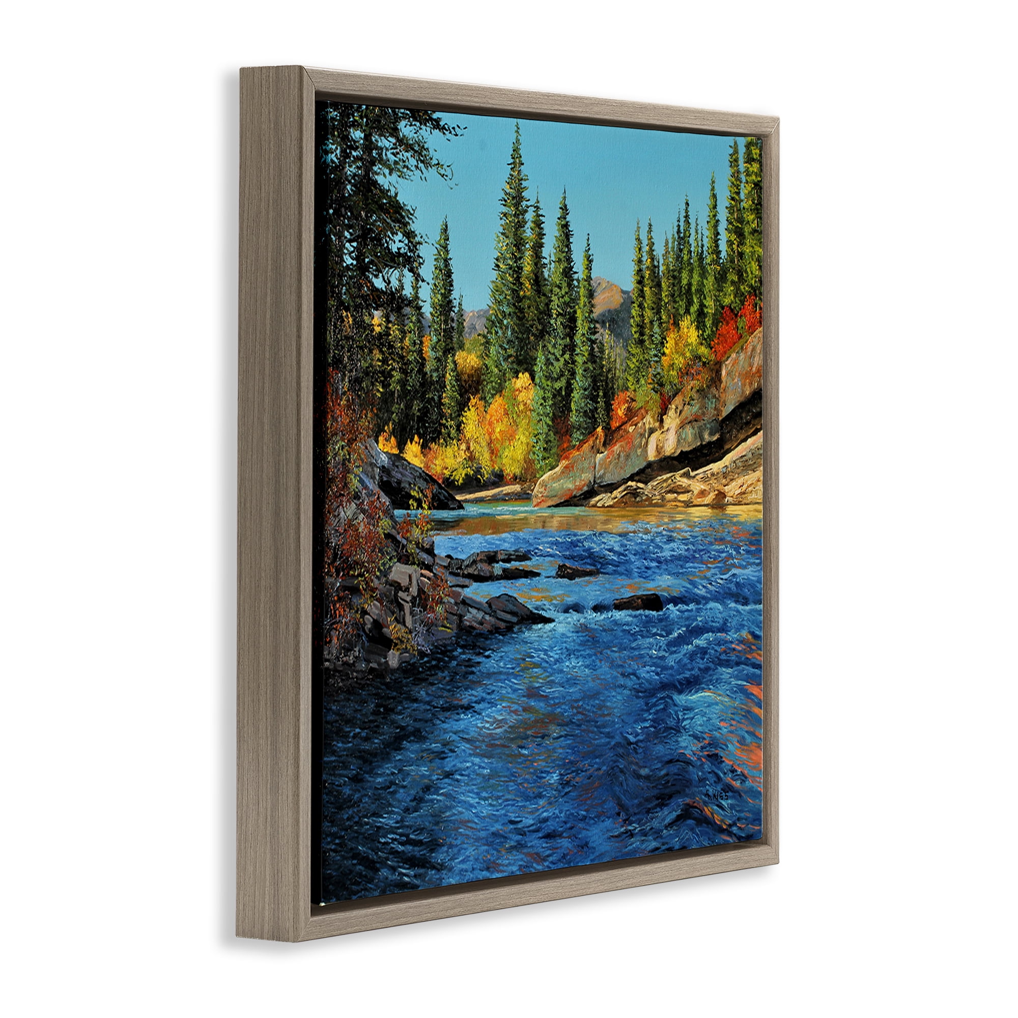 Stupell Industries Morning Rushing River Landscape & Nature Painting Brown Floater Framed Canvas Art Print Wall Art, 25 x 25