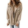 thumbnail image 3 of Women's Plaid Jacket Long Sleeve Button Down Fleece Hooded Jackets Warm Coat Khaki Checkered XXL, 3 of 7