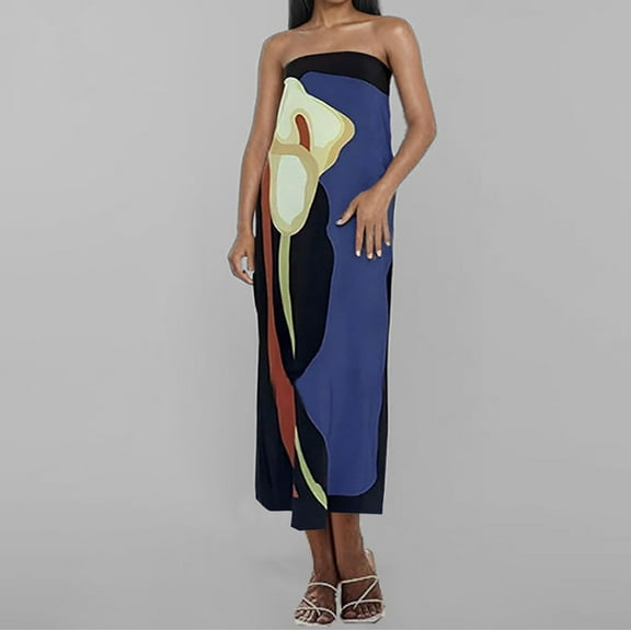 Taylonsss Womens Spring Summer Dress Strapless Off Shoulder Backless Floral Print Sleeveless Casual Beach Vacation Maxi Dresses