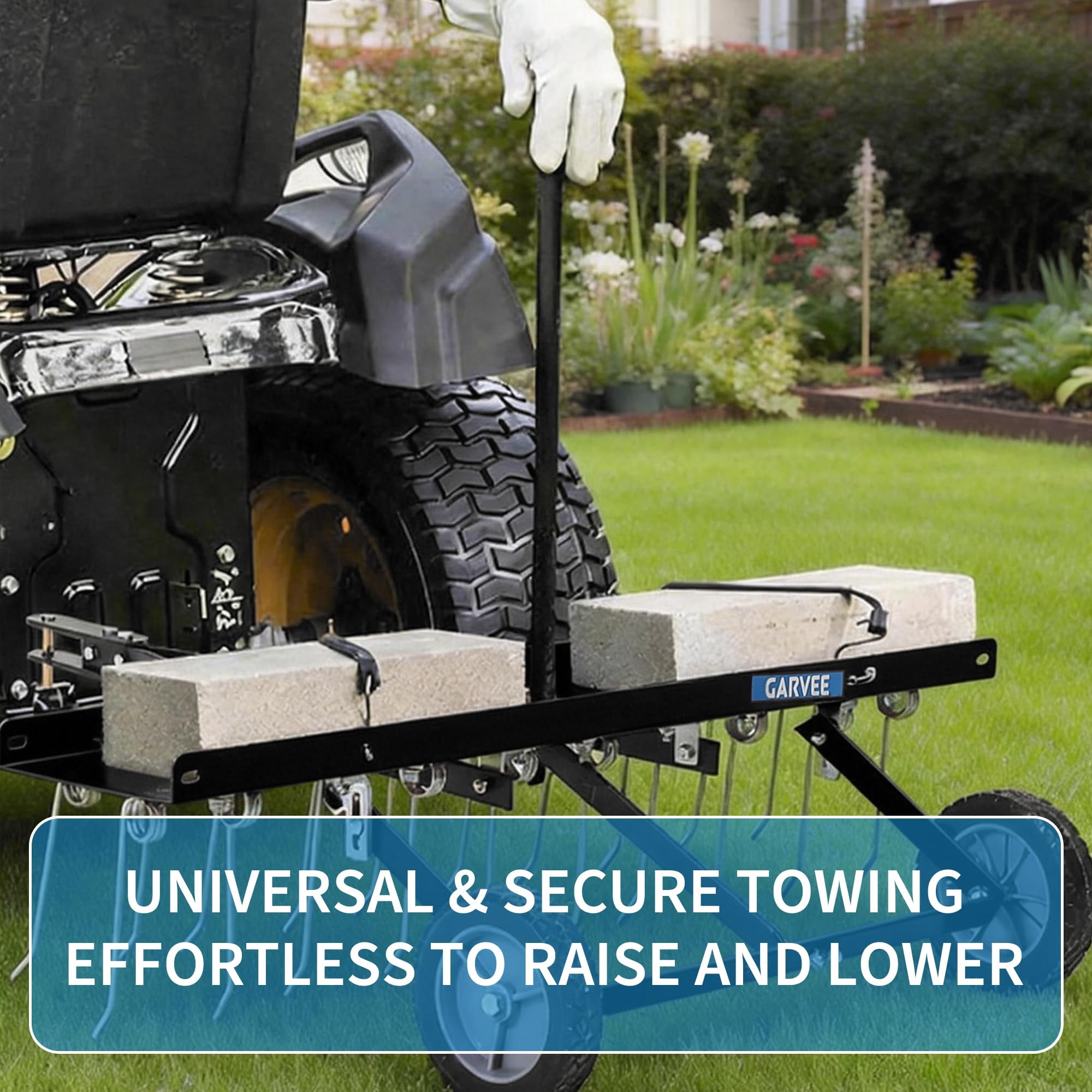 Heavy Duty Tow-Behind Lawn Dethatcher Rake – 40in, 20 Spring Steel Tines, Lawn Sweeper for ATV/Mower, Includes Gloves, Ideal for Garden & Farm, Black
