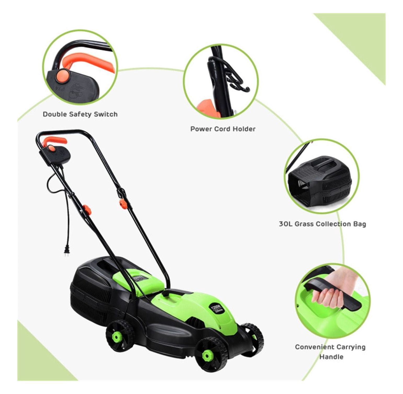 13-Inch Electric Lawn Mower, 8 Gal Grass Collection, 3 Height Settings, Lightweight 15.5 LBS Push Mower for Small Gardens - Green