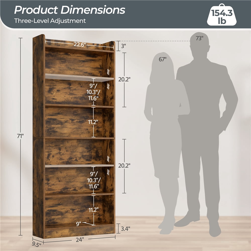 Yaheetech 7-Tier Wooden Bookshelf with Adjustable Open Shelves, Rustic Brown
